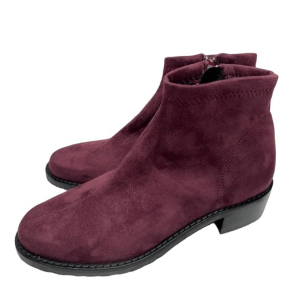 Ron White Burgundy Suede Sock Ankle Boots Side Zip Low Block Heel Size 6US